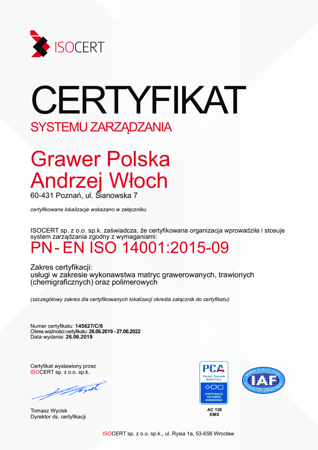 certyfikat ISO Grawer Polska